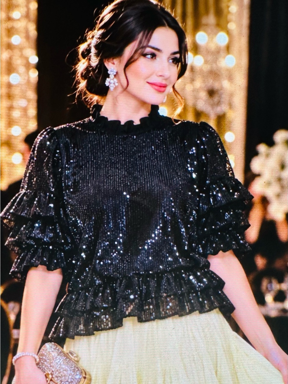 Elegant chicsoul Black Sequin Ruffle Sleeve Top -  evening women top